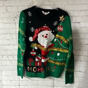 Juniors UGLY CHRISTMAS SWEATER  No Boundaries. HO HO HO Santa, bells & garland